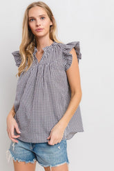 Ces Femme Plaid Notched Ruffled Cap Sleeve Blouse OutfitFlow